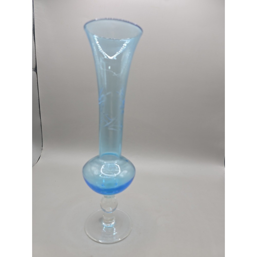 Vintage Blue Etched Floral Glass Bud Vase 8.5‎ X 2 Inches